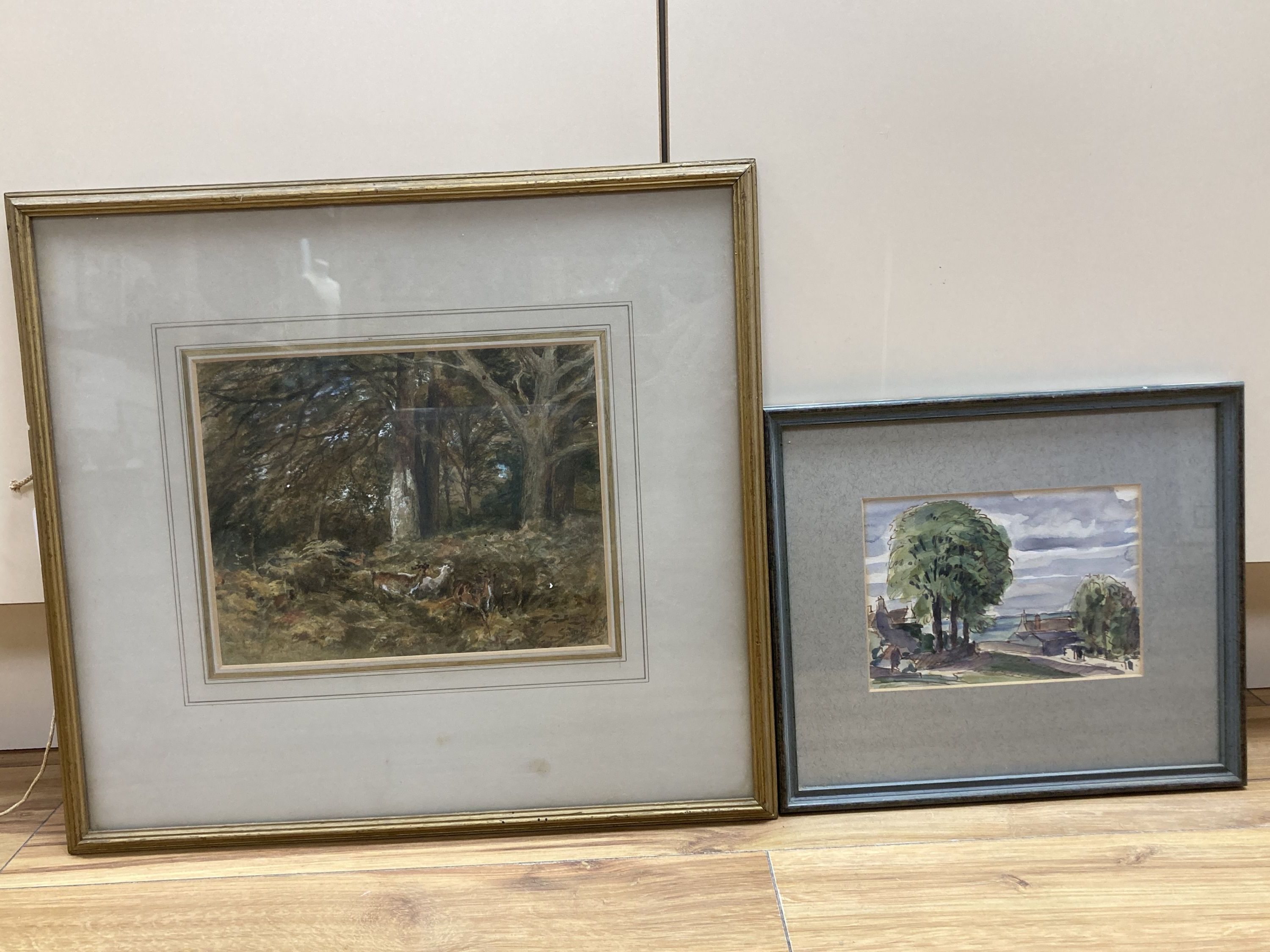 Samuel Bough (1822-1878), watercolour, Woodland scene with deer, signed, 18 x 24cm and a sketch attributed to Hervey Adams, 12 x 17cm